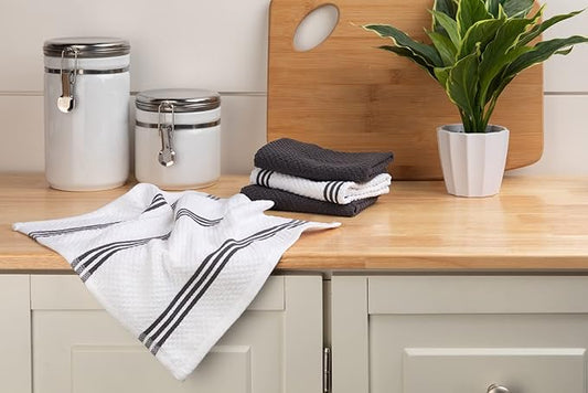 Sticky Toffee Cotton Dishcloths Set of 8 – Gray and White Kitchen Towels 12x12 in, Reusable and Absorbent Tea Towels for Cleaning or Drying, Oeko-Tex Cotton