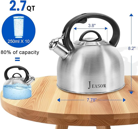 Tea Kettle Stovetop - Food Grade Stainless Steel Whistling Tea Pot with Ergonomic Handle, Unique Button Control Kettle Outlet, Can Be Used in the Kitchen or Camping, 3.1 Q/3L