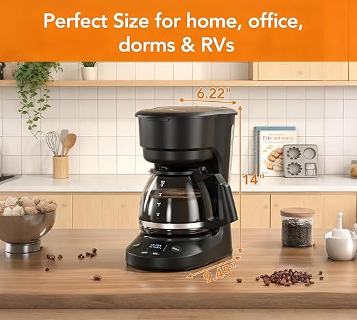 Electactic Compact 5-Cup Programmable Drip Coffee Maker — the essential coffee machine with Digital Clock, 24-hour Timer, Auto Shut-Off, and a Removable Filter Basket for Home & Office.