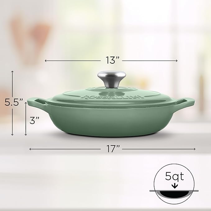 ROSSALLINI Signature Enameled Cast Iron Braiser, Non-Stick Serving Pot with Tight Fitting Lid for Perfect Roasting, Baking, Sauteing, Searing, and Pan Frying | 5Q (4.7L) - Sage
