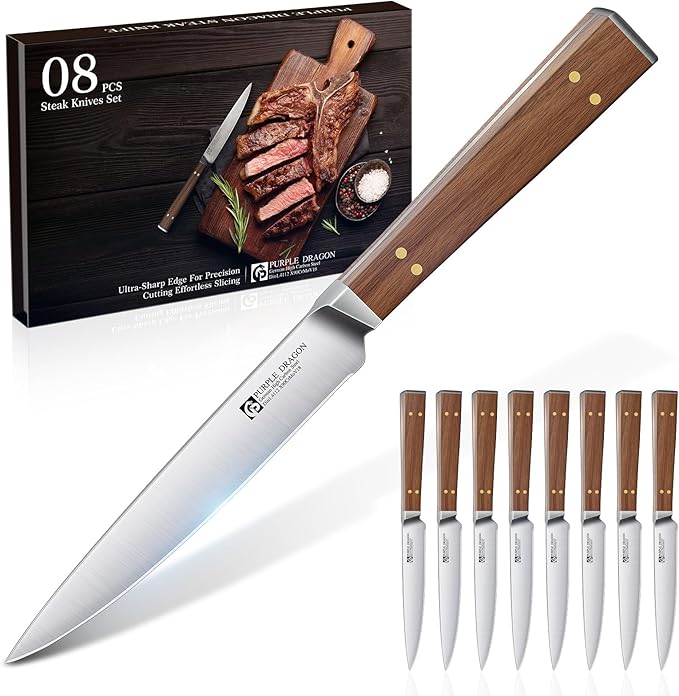 Purple Dragon Steak Knives Set of 8-4.7 Inch Non Serrated Dinner Knife with Square Wooden Handle – Elegant, Balanced, High Carbon German Steel - Christmas Gift for Men and Women