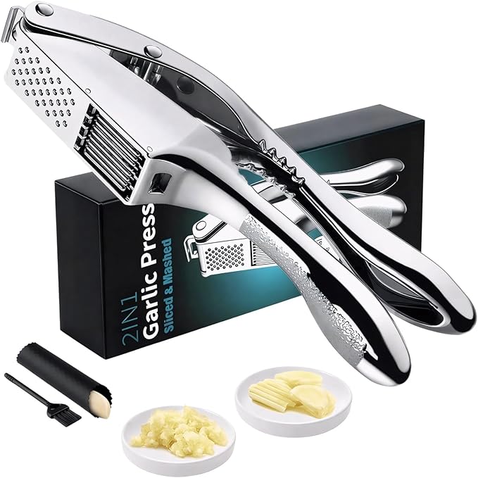 Premium 3-in1Heavy Duty Garlic Press –Stainless Steel Garlic Crusher & Ginger Mincer with Cleaning Tool | Rust-Proof, Easy-Squeeze Ergonomic Handles, Dishwasher Safe, Professional Kitchen Tool