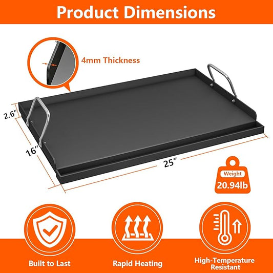 25" x 16" Cast Iron Griddle for Gas Grill, Universal Flat Top with Nano-Ceramic Nonstick Coating, Grease Groove and High Sidewalls, Griddle Plate Insert for Camping, Tailgating and Parties