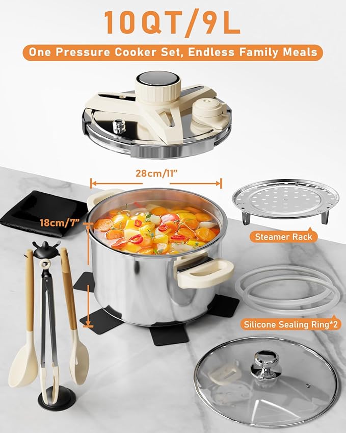 Abijan Stainless Steel Pressure Cooker 9.5 QT, 10PCS Cooking Pressure Cooker with Glass Lid & Steamer Rac, 3 PSl Settings, One-Hand Locking, Compatible with Gas & Induction Cooker, Olla de presion Set