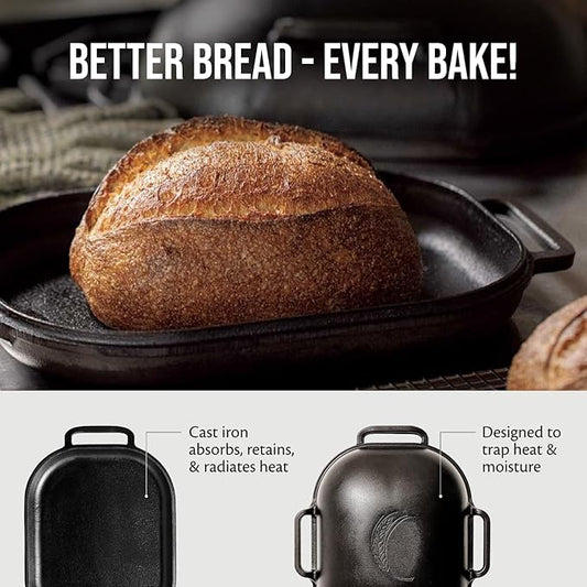 Challenger Bread Pan Bundle – Cast Iron Loaf Pan with Lid, 12 Flour Sack Towels & Bench Knife for Homemade Bread Baking – Sealed Bread Cloche Inverted Dutch Oven Set – Made in the USA