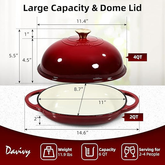 Davivy 6QT Oval Cast Iron Sourdough Dutch Oven with Silicone Oven Mitts, Bread Dutch Oven for Sourdough Bread Baking 6QT, Cast Iron Bread Cloche Loaf Pan with Domed Lid - Ruby Red