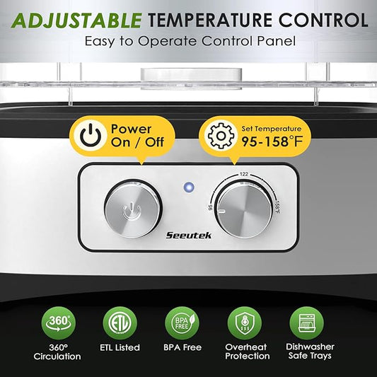 Seeutek Food Dehydrator, 5 BPA-Free Trays Food Dehydrator Machine with Adjustable Temperature Control for Beef Jerky, Fruits, Vegetables, Includes Recipe Book & 4 Reusable Storage Bags