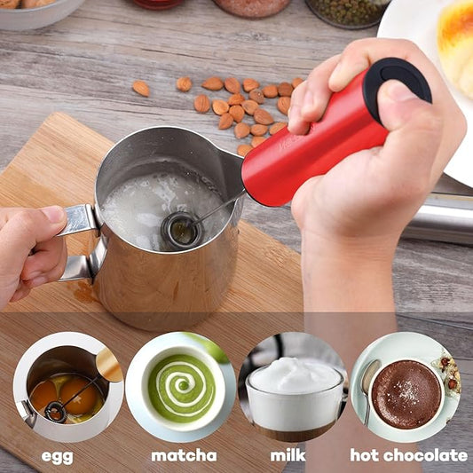 VOMELON Milk Frother, Rechargeable Battery Operated Frother for Coffee,Portable Drink Mixer with 2 Stainless Steel Whisk Heads,Milk Foamer for Keto Coffee, Latte, Cappuccino, Hot Chocolate,Rube Red