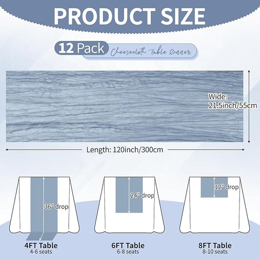 12 Pack Dusty Blue Cheesecloth Table Runner 10Ft, Gauze Table Runners 21.5 x 120 inch,Semi Sheer Cheese Cloth Fabric Runner Bulk for Wedding,Party,Baby Shower,Bridal Shower