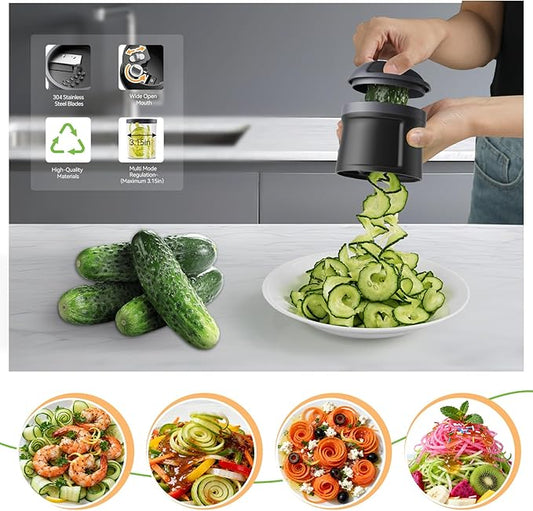 3 in 1 Vegetable Spiralizer Slicer, Adjustable Thickness 0-3mm, Zucchini Spiralizer Veggie Noodle Maker for Cucumber/Zoodle/Salad/Spaghetti/Pasta with Food Container, Cleaning Brush, Black