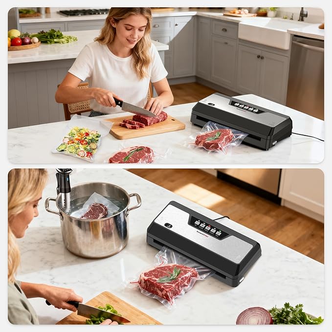 Bonsenkitchen Vacuum Sealer Machine, Built-in Cutter | Bag Storage, Multifunctional Food Sealer for Sous Vide & Meal Prep, 1 Roll Bag & 5 Pre-Cut Bags, Black-Stainless Steel