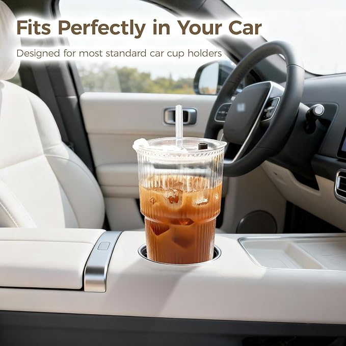 18oz Ribbed Glass Tumbler with Lids & Straws, Set of 2 -Vintage Ribbed Iced Coffee Cups, Reusable Smoothie & Cocktail Drinking Glasses - Perfect for Daily Use & Travel