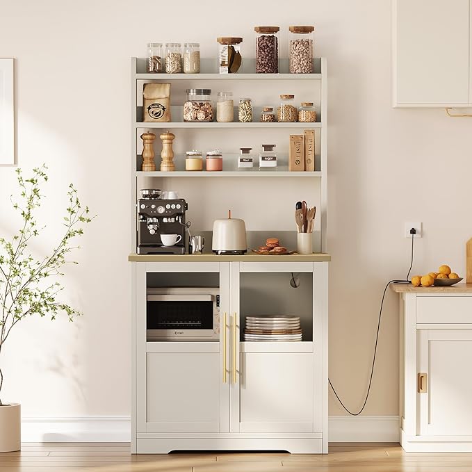 IDEALHOUSE Bakers Rack With Storage Cabinet, Microwave Stand With Power Outlets, Farmhouse Bakers Rack With Thick Table Top, Small Kitchen Pantry for Kitchen,Dining Room,White & Peer Wood
