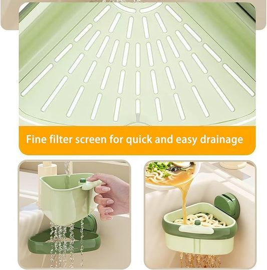 Suction Cup Kitchen Sink Caddy – Triangular Sink Drain Basket & Strainer – Small Corner Sink Trash Catcher for Vegetables, Fruits, Sponges, Soap – Space-Saving Organizer (1, Yellow)