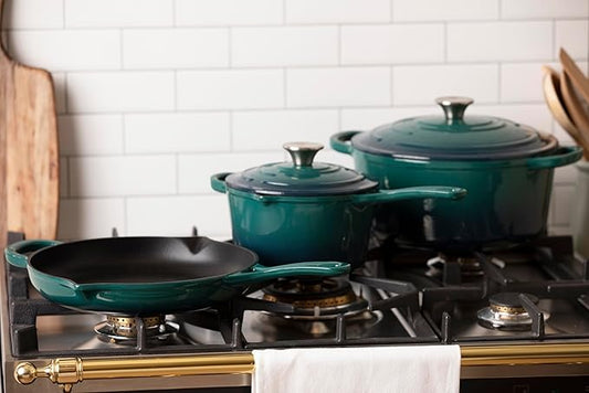 Larder & Vine 4-Piece Enameled Cast Iron Set, Oven Safe and Suitable for All Cooktops – includes 5.7 Quart Dutch Oven Pot with Lid and 2.2 Quart Saucepan with Lid (Bondi)