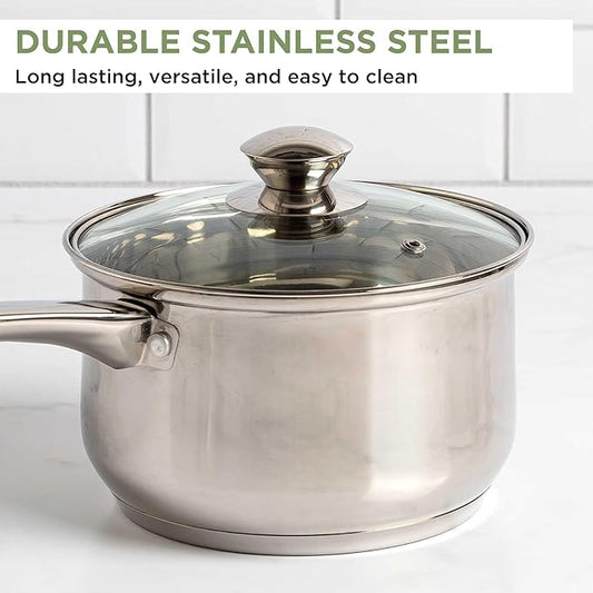Ecolution Stainless Steel Sauce Pan, Encapsulated Induction Ready Cooking Pot with Glass Lid, Oven Safe, Dishwasher Safe Soup Pot, 3-Quart