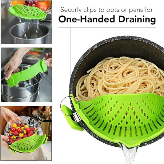 Clip‑On Pot Strainer Silicone Black + Green Dishwasher‑Safe Side‑Mount Design 9.4×4.6×2.5 Inches | Snap Drain Colander for Pans Bowls Skillets | Heat‑Resistant Kitchen Gadget Splash‑Guard