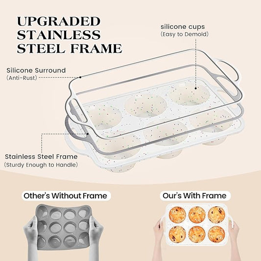 AOTASO 2 Pcs Jumbo Muffin Pan with Metal Frame, Nonstick 6 Cup Extra Large Cupcake Pan for Baking, Silicone Deep Muffin Tray for Egg Bites (Cream)