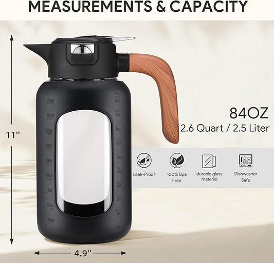 84 oz/2.5 Liter Glass Pitcher with Lid and Handle, Glass Carafe/Jug for Hot/Cold Water, Large Iced Tea Pitcher for Coffee, Juice and Homemade Beverage