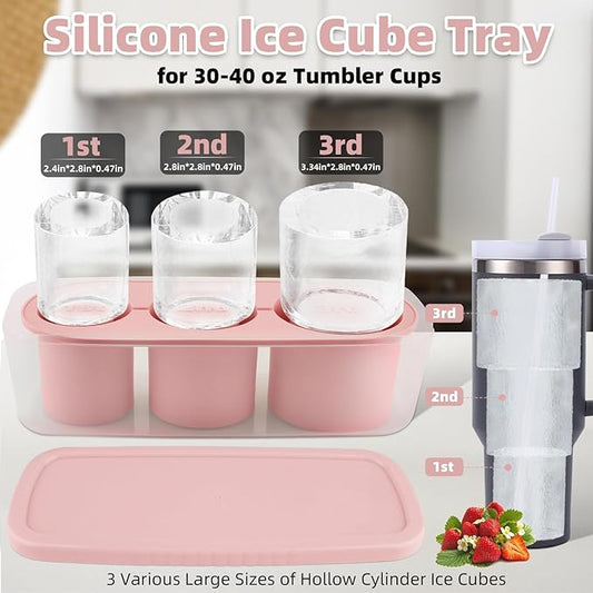 Tcamp Tumbler Ice Mold, Ice Cube Tray for 30 oz -40 oz Tumbler Cup, 3 Pcs Silicone Hollow Cylinder Ice Mold with Lid and Bin for Freezer, Ice Drink, Juice, Whiskey, Cocktail (Pink)