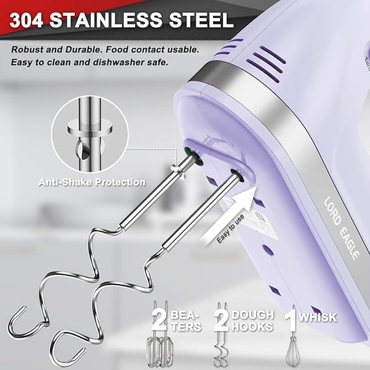 Lord Eagle Hand Mixer Electric 400W, 5 Speed handheld Mixer, 5 Stainless Steel Accessories for Baking Cake Egg Cream Food Beater, Turbo Boost/Self-Control Speed + Eject Button, Purple