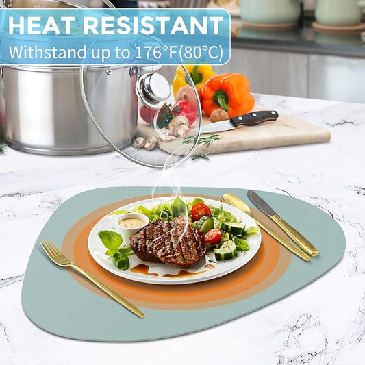 Placemats Set of 4, Heat Resistant Leather Placemats Double Layer, Soft Waterproof Round Table Mats Easy to Clean for Kitchen Dining Room Coffee Office Table, Aqua Green