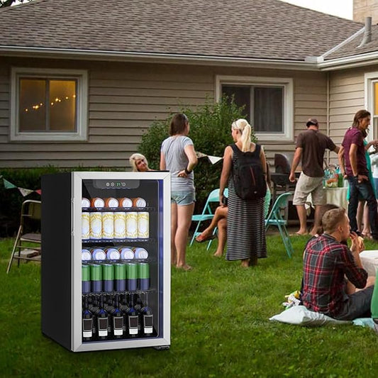 Compact 126 Can/3.2 Cu.Ft Mini Fridge For Soda, Beer Or Wine, Portable Small Beverage Refrigerator With Digital Display&Removable Shelves &Reversible Glass Front Door For Office, Dorm, Bar
