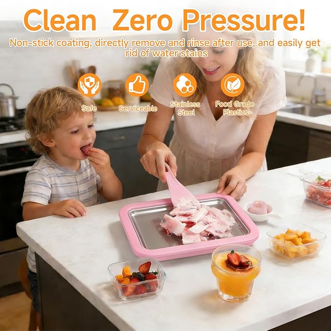 2026 Rolled Ice Cream Maker - 3-Minute Portable Ice Cream Machine with Stainless Steel Freeze Tray & 2 Scrapers, No Electricity Needed, Perfect for Family and Party Desserts (Pink)