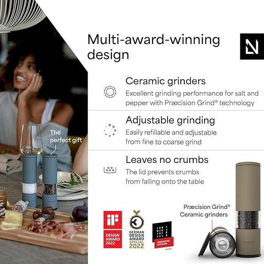 LARS NYSØM Salt and Pepper Grinder Set Manual, Stainless Steel Salt and Pepper Mills with Adjustable Ceramic Grinder I Design Spice Shakers (Taupe Brown)
