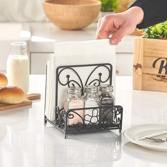 Napkin Holder – Metal Napkin Storage with Salt and Pepper Caddy (Shakers Not Included), Modern Napkin Dispenser for Table or Kitchen Countertop, Servilletero for Farmhouse Décor