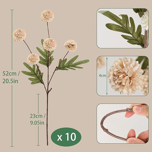 Beige Fake Flowers Long Stem 10PCS, Artificial Flowers Silk Mini Chrysanthemums for Vase, Fake Pompon Mums Vintage Dried Faux Decorative for Home Centerpieces Farmhouse