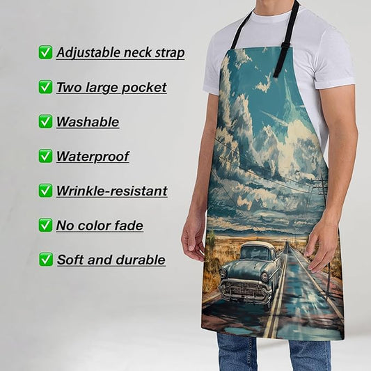 Vintage Car Route 66 Apron for Women, 28x33in, Kitchen Chef Aprons with 2 Pockets, Polyester, Classic Car Apron for Cooking BBQ Baking Gardening Chef, Gifts for Mom Wife Dad