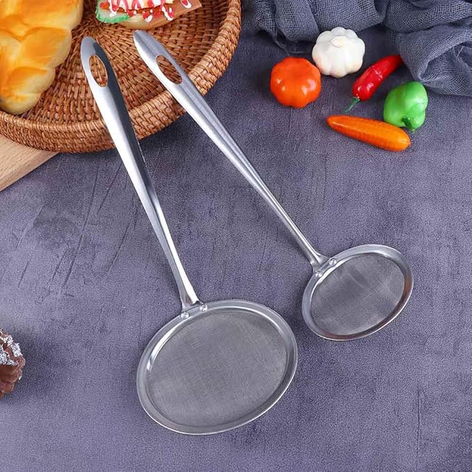 Vctitil 2 Pcs 2.9inch Fine Mesh Food Strainer Stainless Steel Skimmer Spoon Hot Pot Fat Strainer with Long Handle for Skimming Grease and Foam,9.64inch Long
