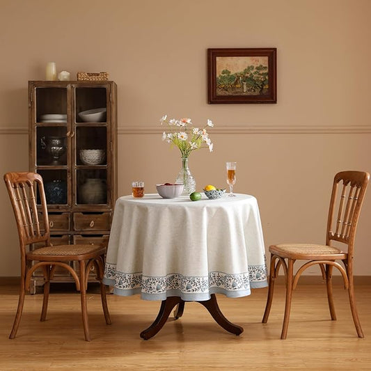 ISAENNE Designer Vintage Linen Elegant Round Tablecloth,Chinoiserie Floral Indoor Table Cloth,Wrinkle Resistant Decor Table Cover for Dining Thanksgiving Kitchen,Diameter 67"-Segerman B