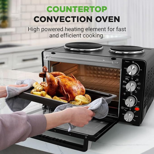 Nutrichef 2-in-1 Convection Oven & Cooker - 30 Quart, 1500W Multi-Function Kitchen Oven with Dual Hot Plates, 7 Cooking Modes Including Rotisserie, Broil, Bake - 19.6 x 16.0 x 13.5 Inches