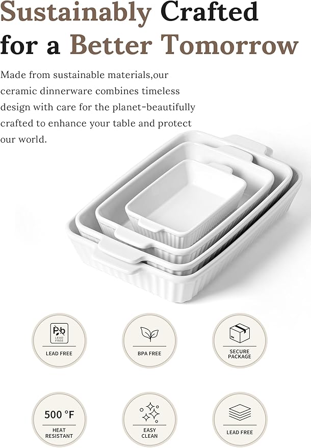 Casserole Dishes for Oven - Ceramic Bakeware Sets of 4, Rectangular Baking Deep Dishes with Handles, Lasagna Pans for Kitchen Cooking & Housewarming, White