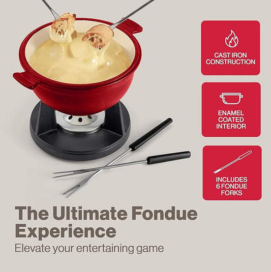 Swissmar Lucerne 10-Piece Cast Iron Fondue Set - Ideal for Melting Cheese, Chocolate, & More - Perfect for Kitchen Collection & Wedding Gift Giving - 2 Liter / 2 Quart - Red