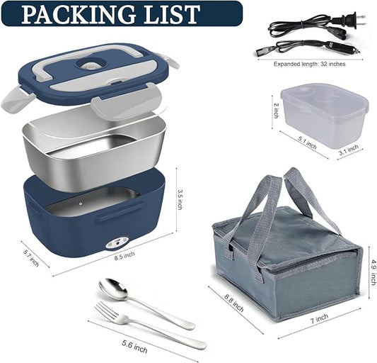 Electric Lunch Box Food Heater - 80W Fast Heating, 1.5L Heated Lunch Box Leak-Proof 304 Stainless Steel Portable Food Warmer, (12V/24V Car/Truck & 110V Home), Ideal for Work/Travel(Blue-white)