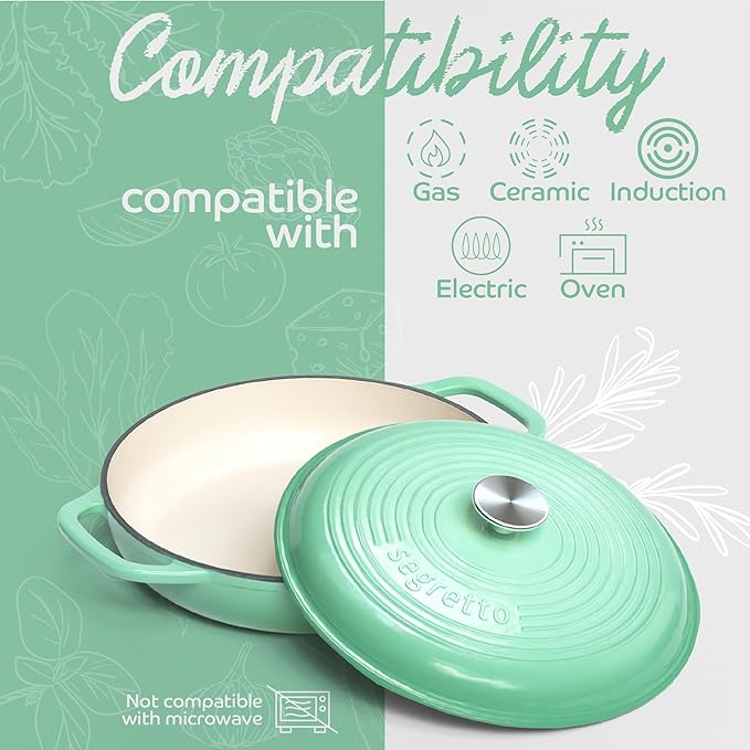 Segretto Cookware 3.6 QT Verde Chiaro (Light Green) Cast Iron Braiser Pan With Lid, Braiser Enameled Cast Iron Casserole Pan With Cover, Lasagna Pan Enamel Cast Iron Skillet with Lid Cookware