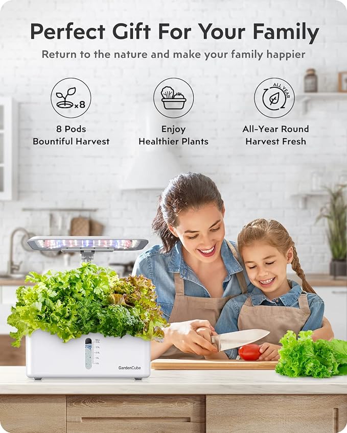 Hydroponics Growing System Kit: 8 Pods Indoor Herb Garden with LED Grow Light Quiet Smart Pump Automatic Timer Plants Germination Kit Height Adjustable - Gardening Gifts for Women Men