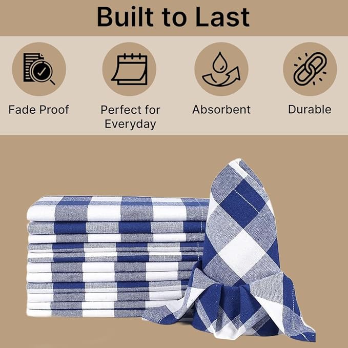 LFH Home 100% Cotton Cloth Reusable Dinner Napkins Set of 12 Washable Soft Decorative Buffalo Plaid Gingham and Checkered Table Napkins for Holidays Wedding Farmhouse Decor 18x18 Inch - Blue & White