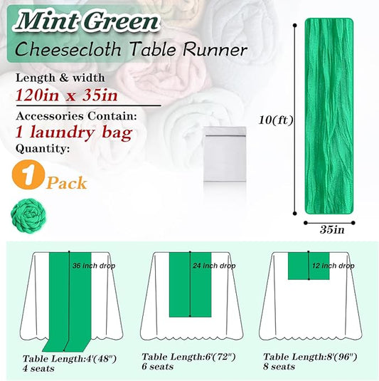 Mint Green Cheesecloth Table Runner 1 Pack 35" Boho Gauze Table Runner 120 inches Long Runner Rustic Sheer Fabric Bulk for Baby Shower Wedding Bridal Birthday Party Table Decorations