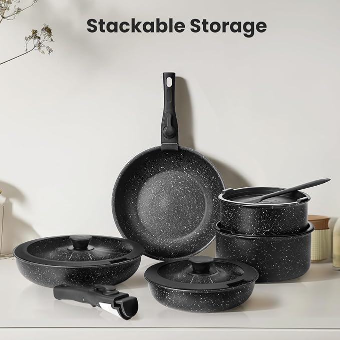 12 Pcs Pots and Pans Set, Nonstick Kitchen Cookware Sets Detachable Handle, Induction Healthy Non Stick RV Cookware, Dishwasher & Oven Safe, Black