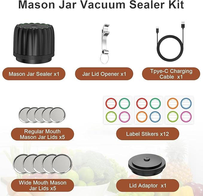 Electric Mason Jar Vacuum Sealer Kit - Portable Jar Vacuum Sealer for Canning Jars, with Wide and Regular Mouth Mason Lids, Food Storage Vacuum Sealing Machine, Lids Included, Opener