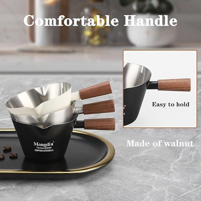 Mongdio Espresso Measuring Cup, Stainless Steel Espresso Shot Cups with Wooden Handle and Double Spouts, 6.8OZ/200ML, Black