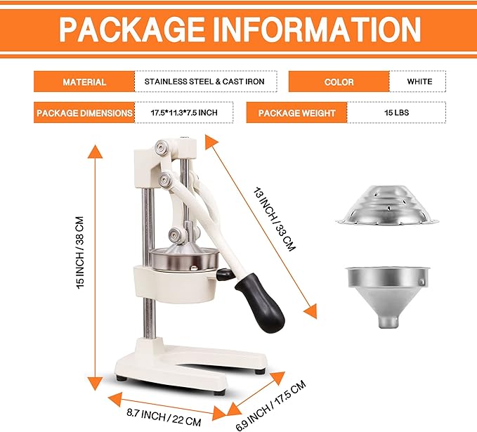 Commercial Heavy Duty Cast Iron Hand Press Manual Orange Citrus Lemon Lime Grapefruit Pomegranate Fruit Juice Squeezer Machine with Stainless Steel Cup White