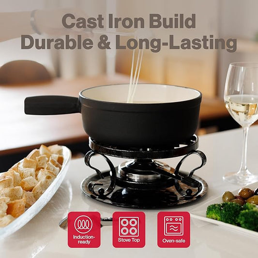 Swissmar Lugano Cast Iron Cheese Fondue Pot Replacement, 2 QT / 2 L – Compatible with Swissmar Lugano Fondue Sets – Ideal for Melting Cheese, Chocolate, & Caramel – Matte Black