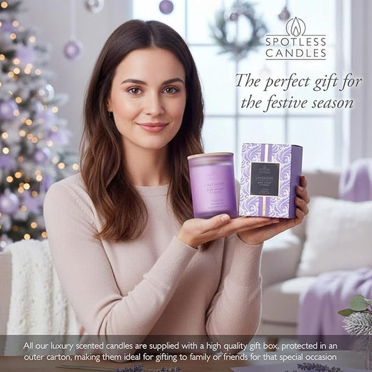 Lavender Candle - 9.7 oz /275g Lavender Scented Candle in Purple Glass Jar with Wooden Lid and Wooden Crackling Wick in a Luxurious Gift Box - Gentle, Tranquil and Relaxing