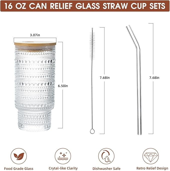 Drinking Glasses with Bamboo Lids and Glass Straw 4pcs Set,16oz Glass Tumbler Cups,Water Glasses,Iced Coffee Glasses,iced Tea Glasses,Beer Glasses,Ideal for Whiskey,2 Brushes