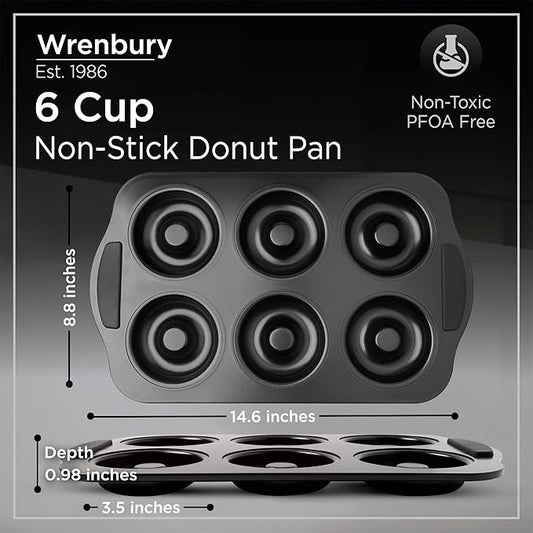Wrenbury Donut Pan for Baking - Non-Stick Carbon Steel 6-Cup Mold with Silicone Grip Handles, PFOA Free, Easy Release, Even Heating, Oven and Dishwasher Safe, 3.5 Inch Large Cups